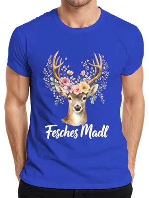 Produktbild von Fesches Madl Reh Hirsch Blumen Geweih Tracht Bayern Lederhose Herren T-Shirt, Blau, 3XL