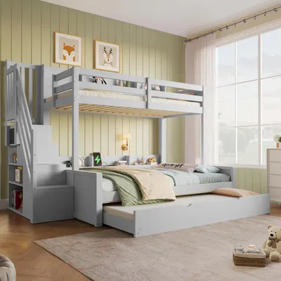 Immagine prodotto di Letto a castello MODFU 90/140x200, letto per ragazzi con letto estraibile 90x190 cm, letto matrimoniale in legno massello con spazio contenitore e porta USB, letto a castello con un materasso 90x200 cm, colore grigio