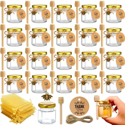 Image de 20 pots en verre pour miel - Pots à confiture hexagonaux - Mini pots - Pendentifs en forme d'abeille - Cuillères en bois - Bouchons dorés - Sans BPA