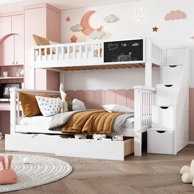 Produktbild von Flieks Etagenbett mit Rausfallschutz, Hochbett mit Treppe, Kinderbett mit Schubladen und Tafel, Massivholzbett Stockbett 90x200cm / 140x200cm, Weiß