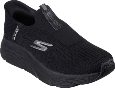 A black Skechers slip-on shoe is shown against a white background.