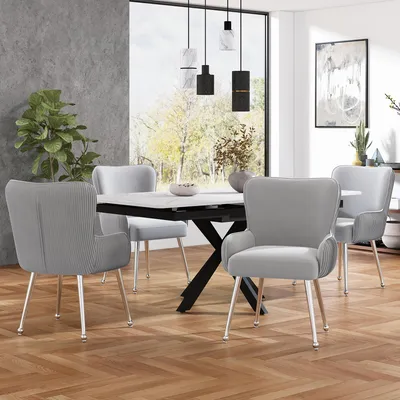 Image de Ensemble de 4 chaises de salle à manger en velours, luxueuses, avec accoudoirs, pieds en métal argentés, pieds réglables et support lombaire, couleur gris