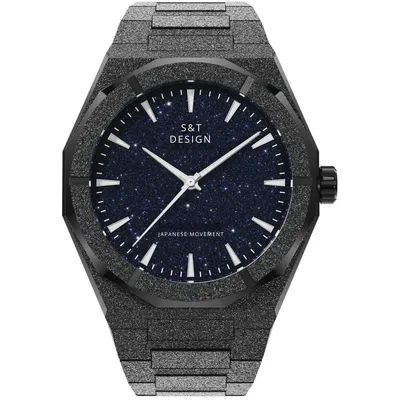 Image de Montre à quartz S&T DESIGN Montre homme Frosted Iced en acier inoxydable Date TIME SPACE (boîte en cuir incluse, raccourcisseur de bracelet), mouvement à quartz japonais 40mm