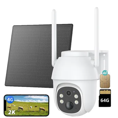 Image de 4G LTE caméra de surveillance extérieure solaire avec carte SIM 2K HD 3MP PTZ caméra sans fil sans WLAN extérieur batterie couleur/IR vision de nuit PIR détection avec 64G