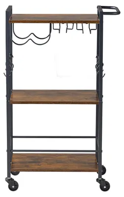 Image de Barwagen SucceBuy à 3 niveaux, chariot de service pour boissons avec étagère à vin et porte-verres, chariot mobile de style industriel, chariot de cuisine pour bars à domicile, capacité de charge de 20 kg par niveau, dimensions : 510 x 280 x 840 mm, couleur : marron rustique et noir