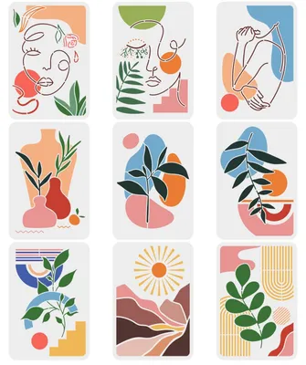 Produktbild von Schablonen-Set im Boho-Stil, Sonnenaufgangsmotiv - 9 Stück - Wiederverwendbare Schablonen - Abstrakte Kunst - Geometrische Muster - 29,7 x 21 cm - Schablone