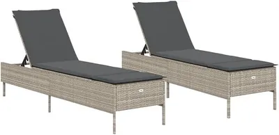 Imagen del producto de Juego de 2 tumbonas con cojines, color gris claro. Tumbonas de polirratán para jardín, ajustables. Sillas reclinables cómodas para jardín, terraza y balcón. Dimensiones: 198 x 55 cm