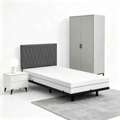 Produktbild von 90x200cm Metallbett mit Polsterkopfteil & Kaltschaummatratze H3 20cm, Einzelbett, Stahlrahmen, , grau/schwarz