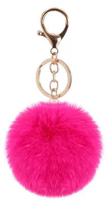 Produktbild von Schlüsselanhänger mit 8 cm großen, bunten Kunstfellbommeln, ideal für Autoschlüssel und Taschen.
