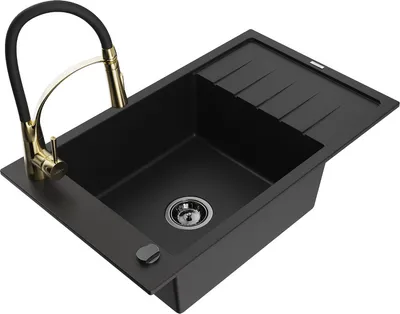 Produktbild von Mexen Elias 1 Becken-Granitspüle mit Abtropffläche und Mischbatterie Aster, Schwarz - 6511-77-73450-57-B