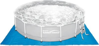 An above-ground swimming pool with a blue ground mat and a ladder.