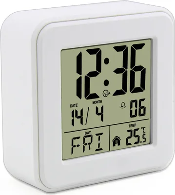 A white digital alarm clock is shown against a white background.