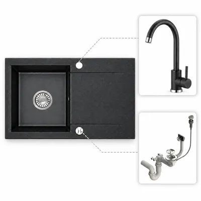 Produktbild von Granitspüle mit Armatur Küchenspüle schwarz spülbecken 76x44 Einbauspüle Zubehör - Hochdruckarmatur