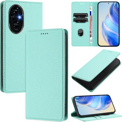 Produktbild von Litchi Leder Handyhülle für Honor 200 Wallet Kartenfächer Standfunktion Hülle Türkis