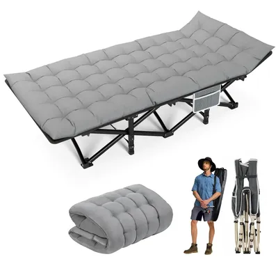 Zdjęcie produktu dla Składane łóżko kempingowe/polowe – podwójne – solidna metalowa rama – nośność 200 kg – z oparciem – torba do przechowywania – 190 cm – szare