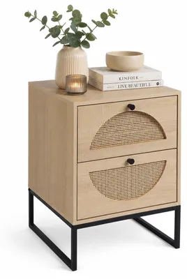 Produktbild von Relaxdays Nachttisch, Rattan-Optik, 2 Schubladen, HxBxT: 55 x 40 x 40 cm, Nachtkommode, MDF & Eisen, natur/schwarz