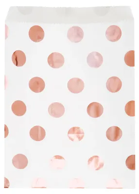 Immagine prodotto di 8 sacchetti regalo in carta bianca con pois color oro rosa, 17,5 x 13,5 cm, per