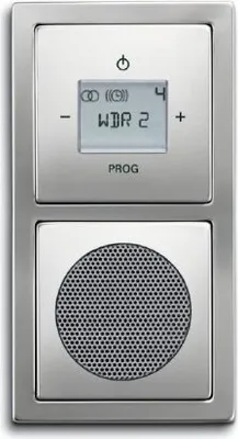 A digital radio and speaker unit with a display screen and control buttons.