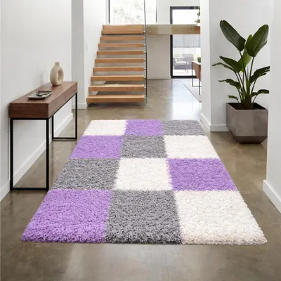 Produktbild von Shaggy Teppich Mehrfarbig Flieder Grau Creme für Wohnzimmer und Schlafzimmer – moderner Hochflor Teppich weich und stilvoll Größe - 60 x 110 cm