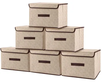 Image de Lot de 6 boîtes de rangement en tissu – Boîtes de 36 x 23 x 24 cm avec couvercle – Boîtes de rangement pliables – Beige, boîtes de rangement lavables avec poignées