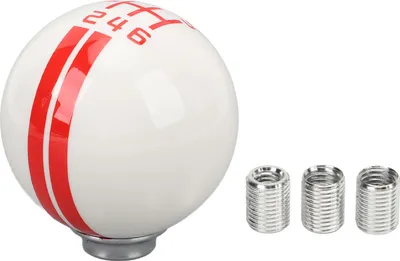 Productafbeelding van 6-versnellings pookknop voor automaat, in de stijl van een Shelby GT500, ronde bolvorm met 3 adapters, geschikt voor handgeschakelde voertuigen, wit, rood
