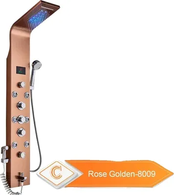 A rose gold shower panel with LED lights and multiple shower heads and controls, set against a white background.