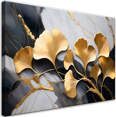 Produktbild von Leinwandbild Blumen Ginkgo Botanik Marmor Grau Gold 120x80 Feeby Gold bild für die wand bereit zum aufhängen