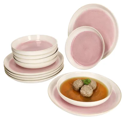 Produktbild von 12tlg Tafelservice Reactive Glaze Paris 6 Pers. Speiseteller Suppenteller Pink