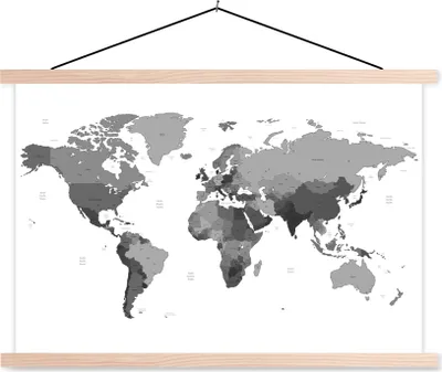 Produktbild von MuchoWow® Textilposter Weltkarte auf weißem Hintergrund - schwarz und weiß 120x80 cm mit holzfarbenen Rahmen - Aufhängeset