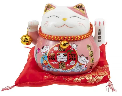 Maneki Neko Katzenfigur, Porzellan, rosa, 10x12x10 cm