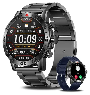 Image de Montre connectée robuste pour hommes, modèle 2026, noire, de forme ronde, avec fonction téléphone, suivi de la fréquence cardiaque et du sommeil, compatible avec les appareils Android et iOS, bracelet en métal et en silicone