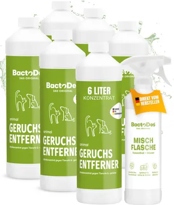 Produktbild von BactoDes Animal Geruchsentferner 6 x 1 L – Effektiver Enzymreiniger gegen Tiergerüche wie Katzenurin u. v. m., Konzentrat mit Misch- & Sprühflasche