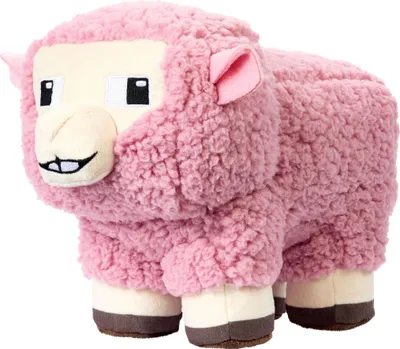 A pink sheep plush toy from Minecraft, shown from a side angle against a white background.