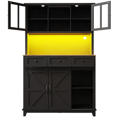 Produktbild von Flieks Hochschrank Küchenschrank mit LED-Beleuchtung, Küchenbuffet 105x38.4x180 cm, Highboard mit Weinfässern, schwarz