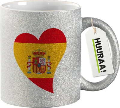 Produktbild von Huuraa Glitzertasse Spanien Flagge Herz 330ml Silber Keramik Kaffeebecher Geschenkidee