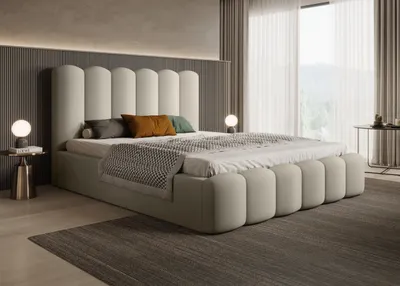 Image de BESILIO Lit rembourré avec espace de rangement et sommier à lattes 200x200 Tessa - lit en velours élégant pour la chambre à coucher - Beige