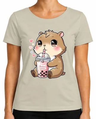 Productafbeelding van Boba Love Hamster Bubble Tea Kawaii Anime Schattig Cadeau T-shirt voor meisjes en dames. Boba Tea, natuur, maat M