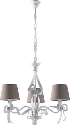 Immagine prodotto di Lucy - Lampadario in ferro laccato bianco con decoraz. effetto shabby chic e paralumi d. 16 in pvc tortora 3 luci 113 - Ø59 - BL184-3-BCO