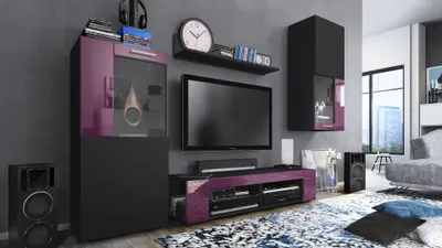 Produktbild von Vladon Wohnwand Movie, Anbauwand bestehend aus 1 TV-Board, 2 Vitrinen und 1 Regal, Schwarz matt/Schwarz matt/Brombeer Hochglanz (Gesamt: 300 x 190 x 39 cm)