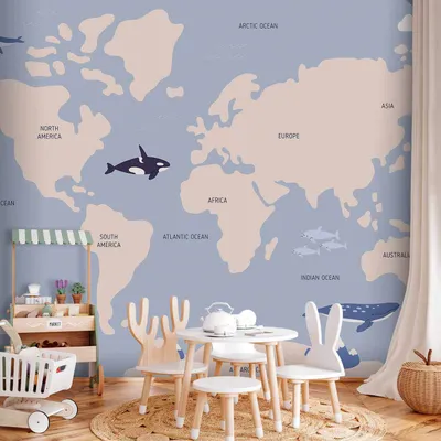 Produktbild von Vlies Fototapete - Pastel Planet - Animals and Underwater Plants on a Map 450x315 cm Für Kinder k-C-10037-a-a