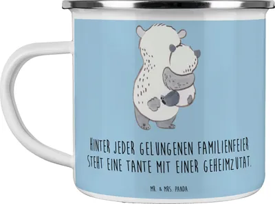 Produktbild von Mr. & Mrs. Panda becher emaille Tante Geheimzutat - Blau Pastell - Geschenk, Haferl, familiär, Familienmitglieder, Rezept, Kaffeepott, Pott, Verwandtschaft, Geschenke