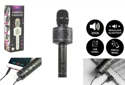 Immagine prodotto di Microfono Karaoke Bluetooth nero a batteria con cavo USB in confezione 10x28x8,5cm