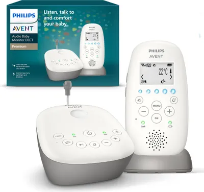 Image de Philips Babyphone audio AVENT, technologie DECT, mode éco, ciel étoilé, interphone, chansons du soir et de la nuit, 18 heures d'autonomie, portée maximale, blanc (modèle SCD733/26)