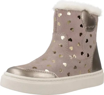 A single pink boot with gold hearts and a white sole.