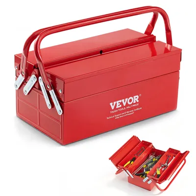 Produktbild von VEVOR Metall Werkzeugkiste, 14 Zoll, 2-stufige 3-Fach tragbare faltbare Werkzeugtruhe mit Griff & Schlossloch, pulverbeschichteter Stahl, Kippwerkzeugkasten für Haushalts-, Fabrik- und Lagerreparaturwerkstätten, Rot, 14 Zoll