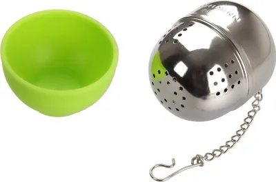 Produktbild von Fackelmann Tee-Ei mit Schale, Teesieb aus Edelstahl, Teeball für den perfekten Tee-Genuss (Farbe: Silber/Grün)