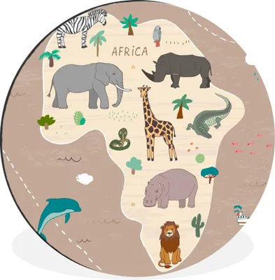 Produktbild von MuchoWow® Aluminium Wandkreis Tiere - Weltkarte - Kinder - Afrika - Jungen - Mädchen Ø 60 cm Wanddeko Modern Wohnzimmer - Wand Kreis - Wandbild - Schlafzimmer - Aluminium Bild - Kinderzimmer - Wohnzimmer Dekoration - Wandschmuck