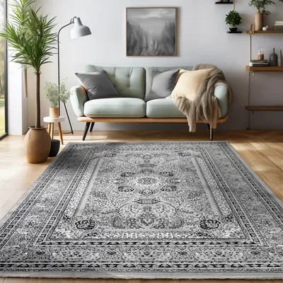A living room scene with a sofa, rug, plant, and lamp.