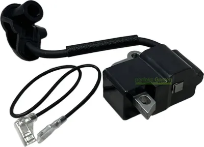 A black ignition coil and spark plug wire set for a chainsaw, presented on a white background.
