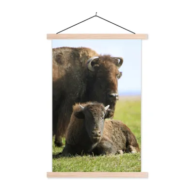 Produktbild von MuchoWow® Textilposter Büffel - Gras - Kalb 60x90 cm mit holzfarbenen Rahmen - Textil
